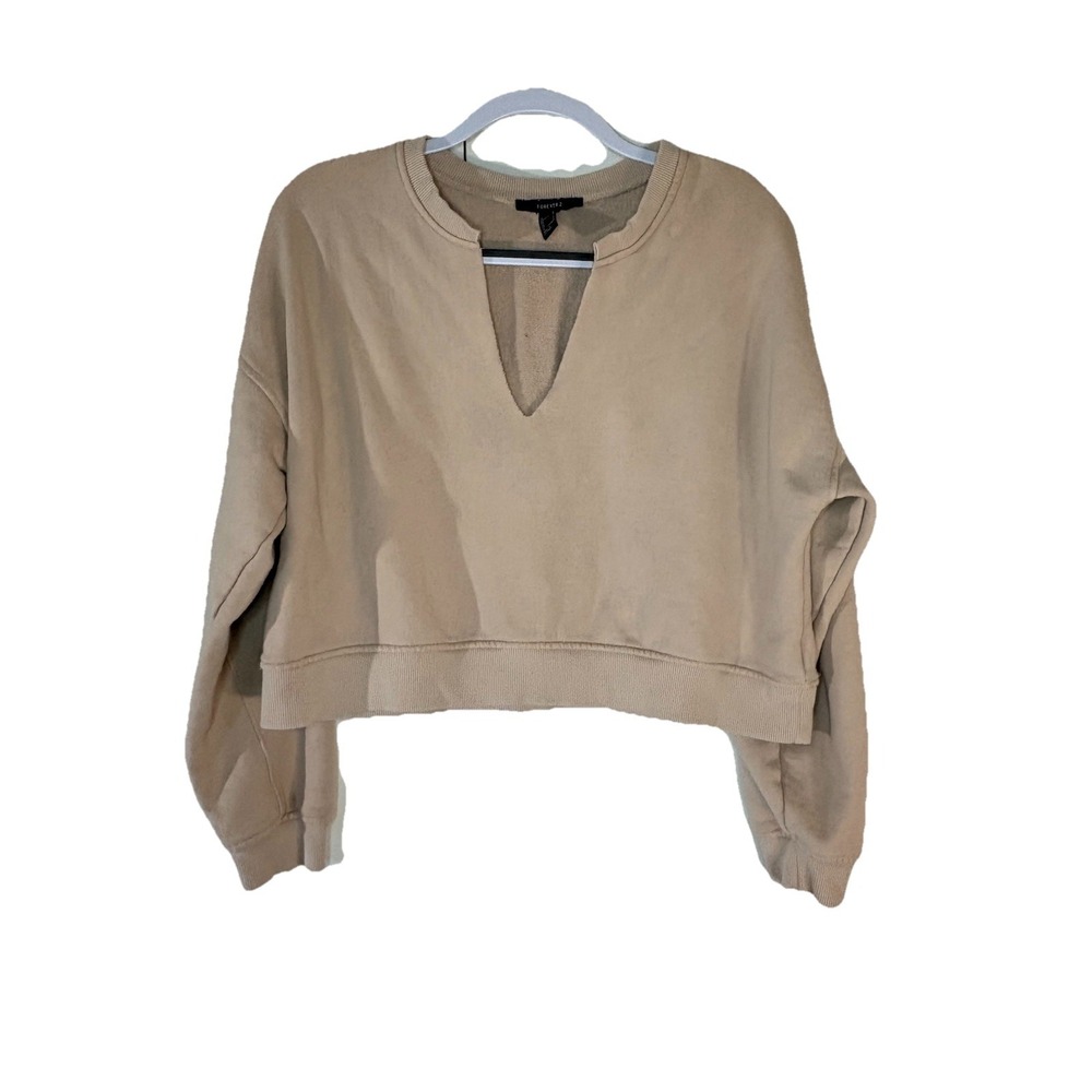 Forever 21 Women L Tan Cropped Fleece Sweater Notch V Neck Top Casual Neutral